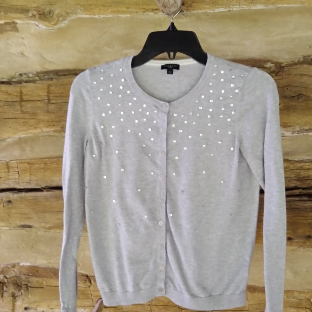 Talbots Gray Crewneck Sequin Cardigan Size SP